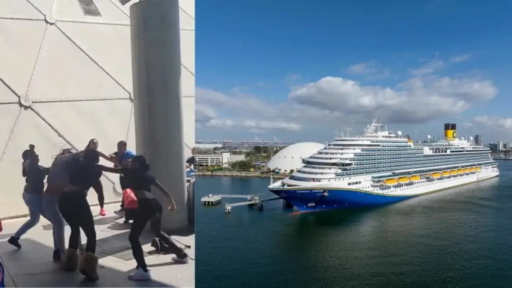 A group of people appear to be fighting on the left side of the image, while on the right side, Carnival passengers gather near a large cruise ship docked at the Long Beach Cruise Terminal under a partly cloudy sky.