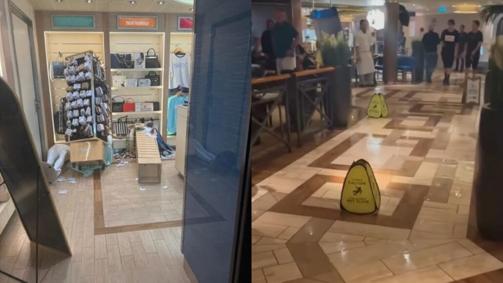 Split image: Left shows a store with handbags, shelves in disarray, and items on the floor—possibly after strong winds. Right side reveals a hallway with wet floor caution signs and people standing in the background aboard Carnival Panorama.