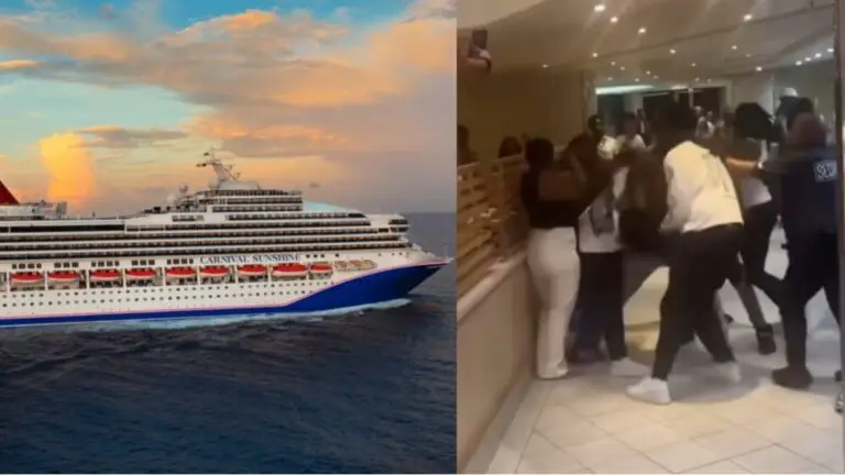 A split image shows the Carnival Sunrise cruise ship at sea on the left and a late-night brawl erupting among guests indoors on the final night of a Carnival Cruise on the right.