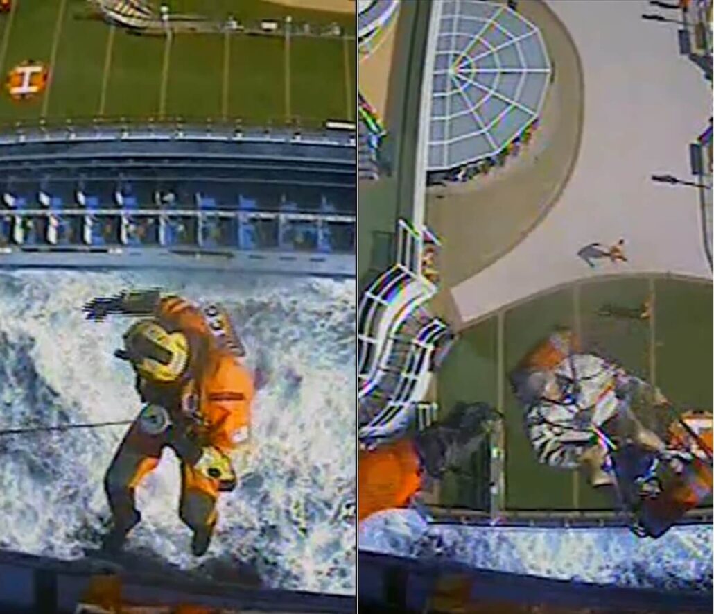 A person in an orange rescue suit is lifted by a cable from a cruise ship at sea on the left, and is lowered onto a paved area with bystanders on the right, seen from above in both frames.