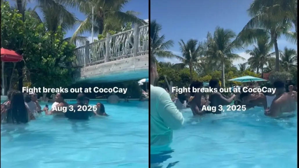 Two photos show a group of people standing in a pool on the Royal Caribbean private island near a bridge and palm trees, with text overlaid that reads "Pool fight breaks out at CocoCay Aug 3, 2025." Bright daylight and blue sky are visible.