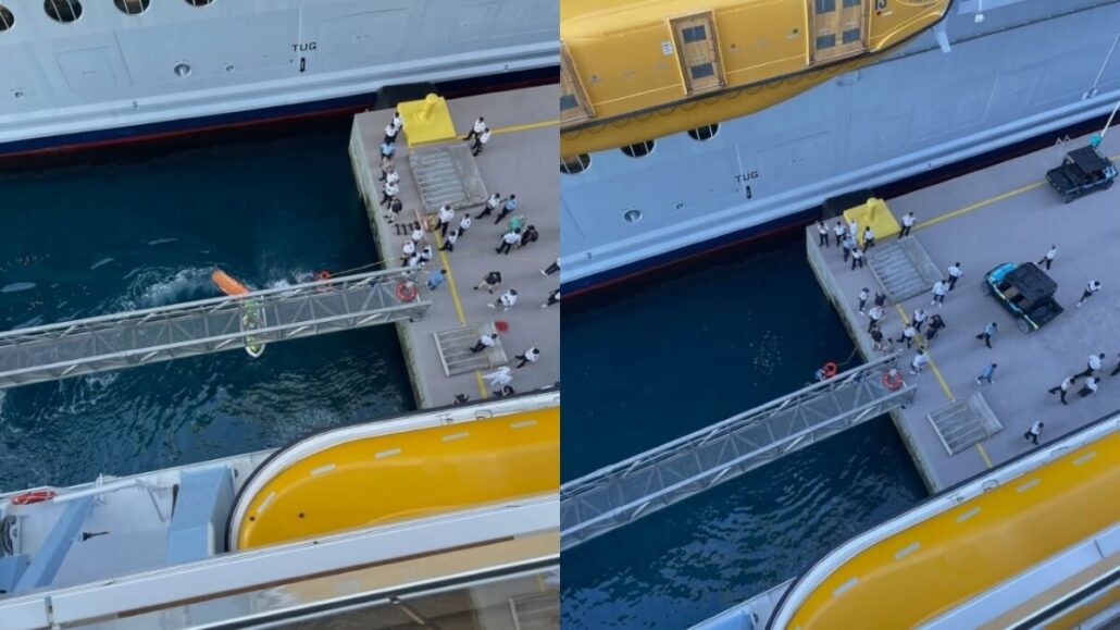 Two side-by-side aerial photos show a docked Royal Caribbean cruise ship with a yellow lifeboat; several people in white uniforms stand near the gangway and a section of the pier with blue water beside the ship.