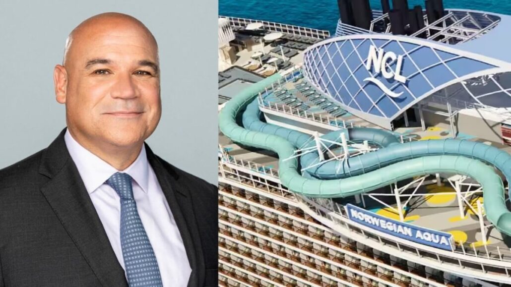 A man in a suit and tie, likely President David Herrera, is shown on the left, while on the right, an overhead view of a Norwegian Cruise Line ship with a large water slide and "NORWEGIAN AQUA" written on the deck is displayed.