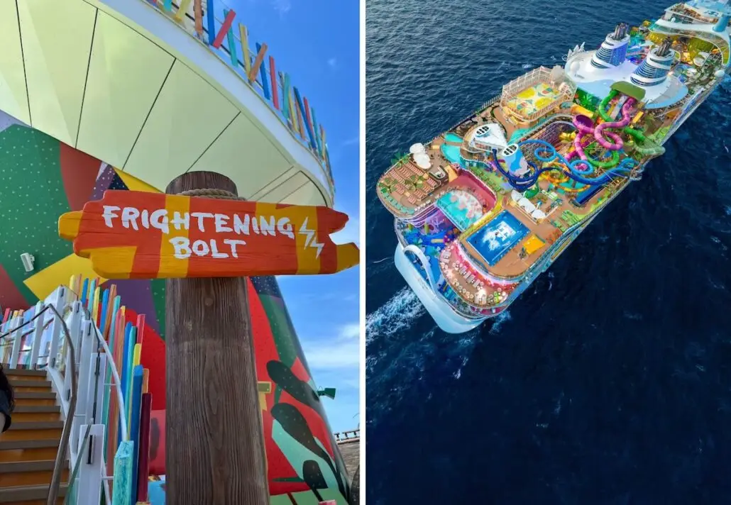 Split image: On the left, a colorful wooden sign reading "Frightening Bolt" is attached to a post near a staircase. On the right, an aerial view of a Royal Caribbean cruise ship features pools and twisting water slides at sea.