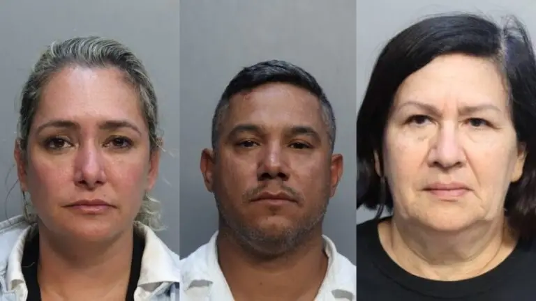 Three adults stand against a plain background in individual portrait-style photos, appearing as if cruise ship guests arrested for fraud. Two women are on the sides and a man is in the center, all with neutral or serious expressions.