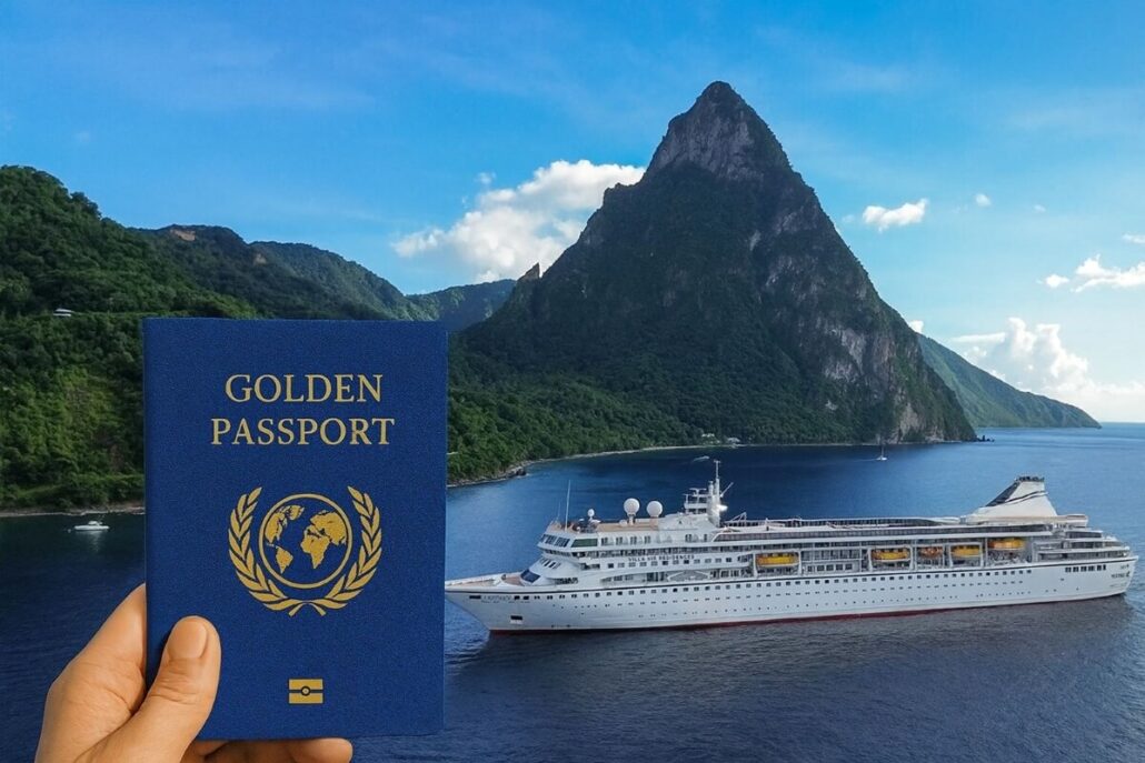 A hand holds a blue passport labeled "Golden Passport" in front of a cruise ship, evoking the allure of Villa Vie Residences and dreamlike Lifetime Living at Sea, with a forested mountain and blue sky completing the scenic view.