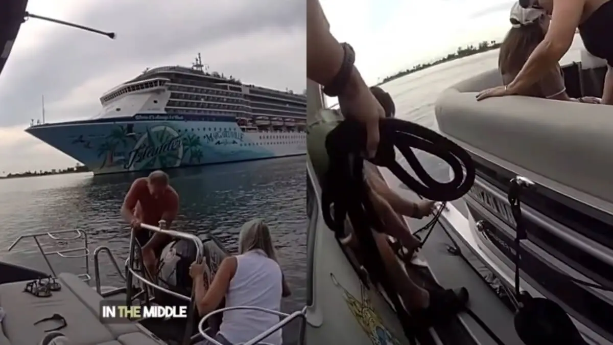 Two side-by-side photos show people climbing from a disabled small boat; on the left, a large cruise ship is docked nearby. On the right, hands hold ropes as people board the boat. Text reads "IN THE MIDDLE" in the lower left corner.