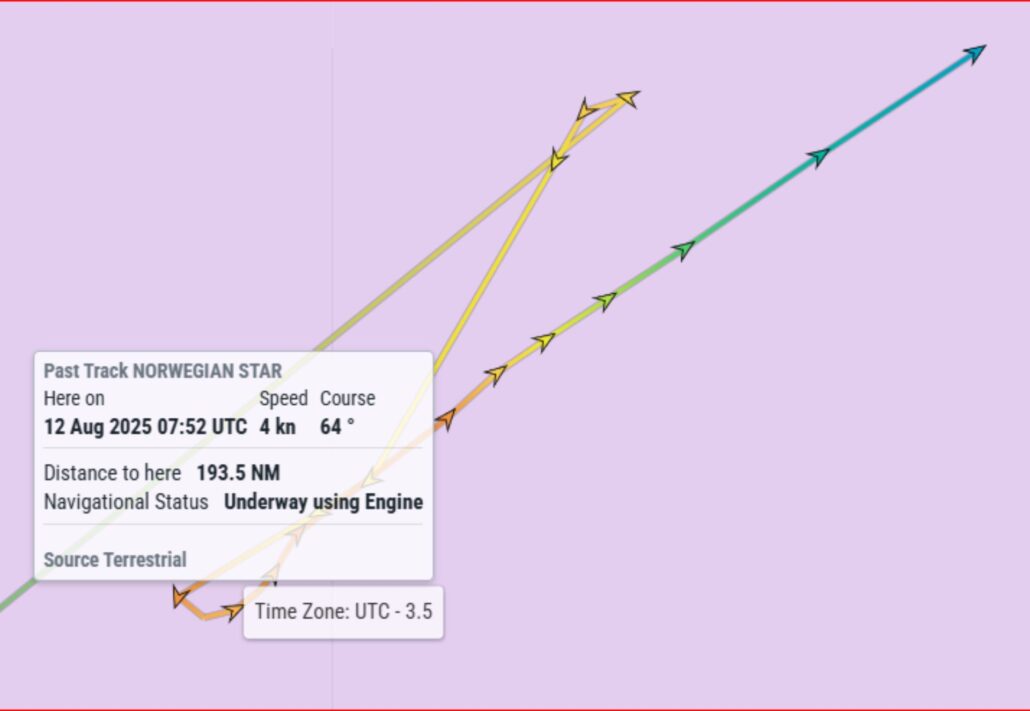 A nautical map shows the track of the vessel NORWEGIAN STAR with colored arrows. A popup provides info: 4 kn speed, 64° course, 193.5 NM to shore, underway using engine, time: 12 Aug 2025, 07:52 UTC.