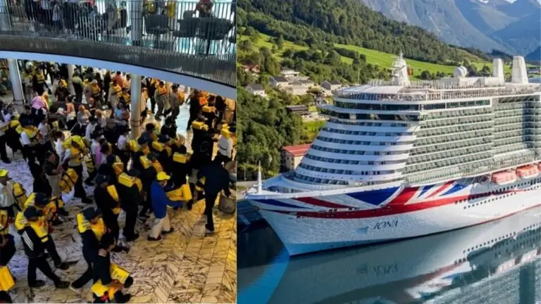 A large group of people wearing yellow life jackets gathers indoors on a cruise ship, possibly during a galley fire drill; next to this, a white cruise ship with a red, white, and blue design is docked by a scenic green landscape.
