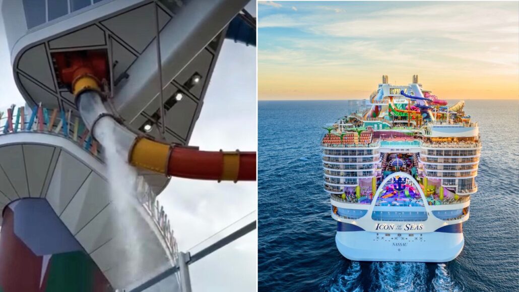 Split image: Left shows a large water slide with water flowing from a tube attached to a cruise ship structure. Right shows the rear view of a colorful, multi-deck cruise ship on the ocean—highlighting thrilling onboard attractions.