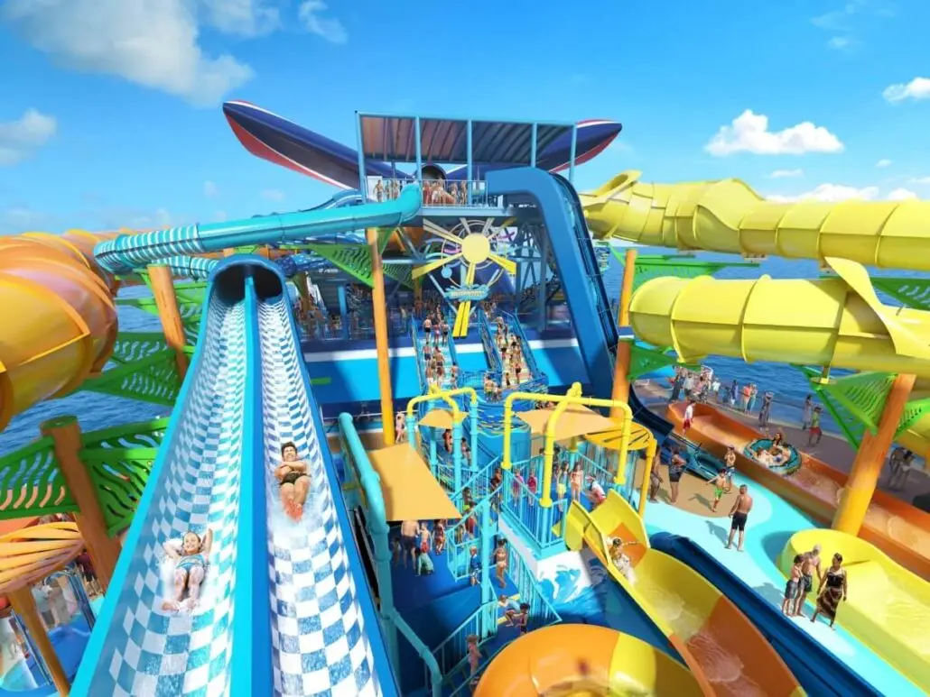 A colorful water park, reminiscent of a Royal Caribbean getaway, features multiple water slides, a large play structure, and people enjoying attractions under a bright, sunny sky. The scene is vibrant with blue, yellow, and green elements.