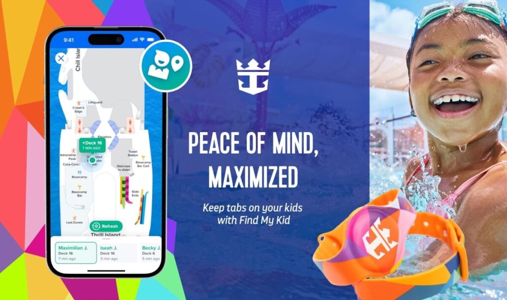 A smartphone shows a child-tracking app map beside a smiling child in swim goggles and an orange Kid Tracking Wristband. Text reads: "Peace of Mind, Maximized. Keep tabs on your kids with Find My Kid." Royal Caribbean Star of the Seas logo shown.