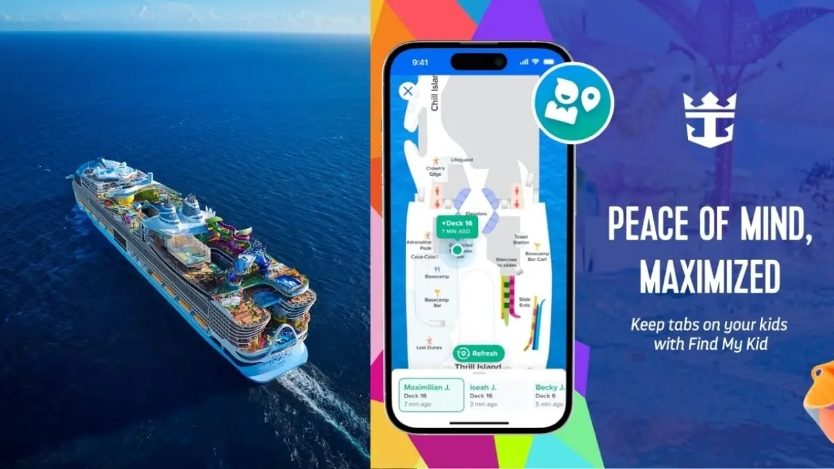 An aerial view of Royal Caribbean’s Star of the Seas cruise ship is on the left. On the right, an app interface map highlights kid tracking wristbands, with text reading, “Peace of mind, maximized. Keep tabs on your kids with Find My Kid.”.