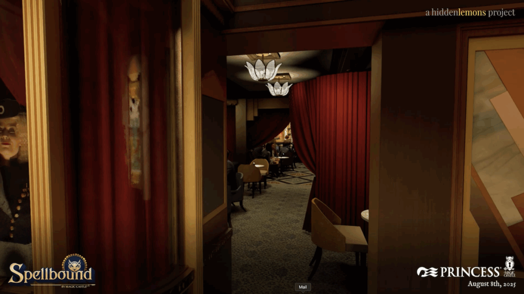 A dimly lit, vintage-style restaurant or lounge with red curtains and round tables invites patrons inside. A person in uniform stands partially visible on the left. Magic Castle allure blends with Spellbound and Princess logos at the bottom.