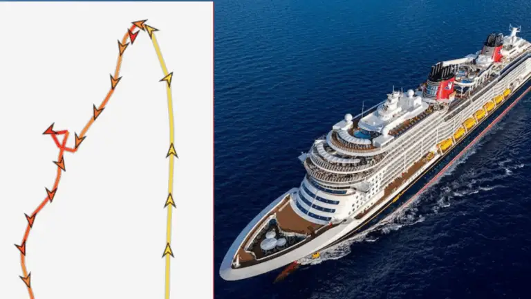 A large cruise ship sails through blue ocean water. On the left, a diagram with curved arrows shows a changing path, possibly indicating the ship's movement or route.