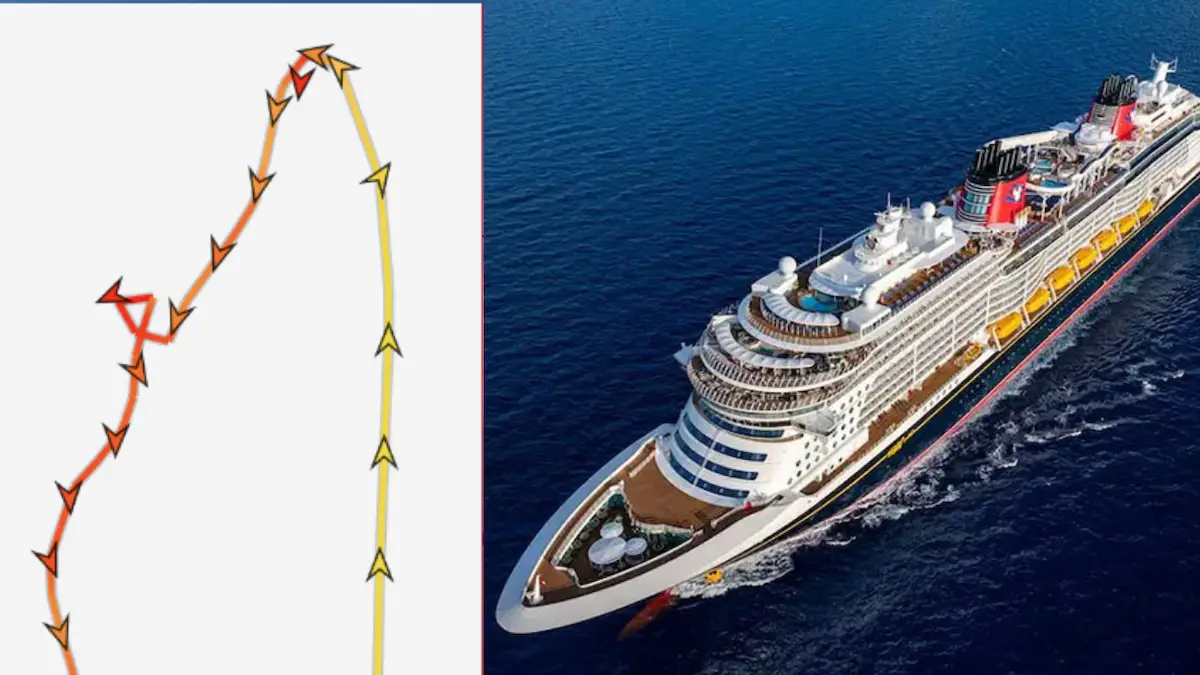 A large cruise ship sails through blue ocean water. On the left, a diagram with curved arrows shows a changing path, possibly indicating the ship's movement or route.