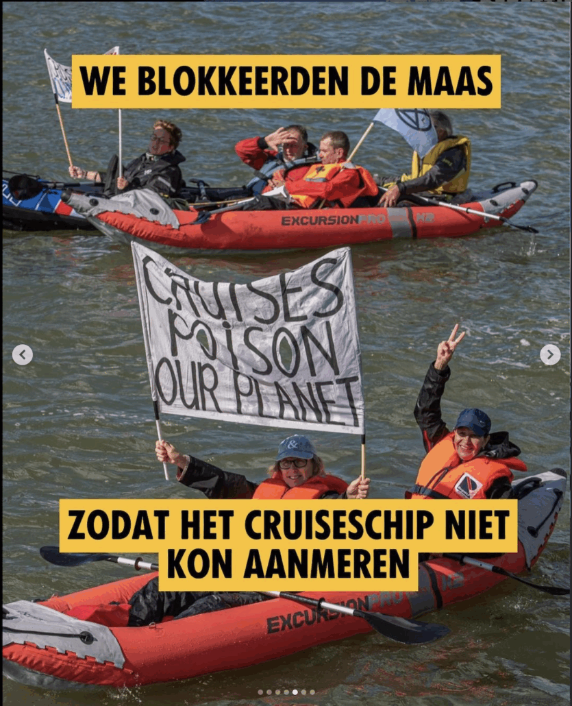 People in kayaks wearing life jackets hold a banner reading "Cruises poison our planet" on a river. Yellow text in Dutch overlays the image: "We blocked the Maas so the cruise ship could not dock.