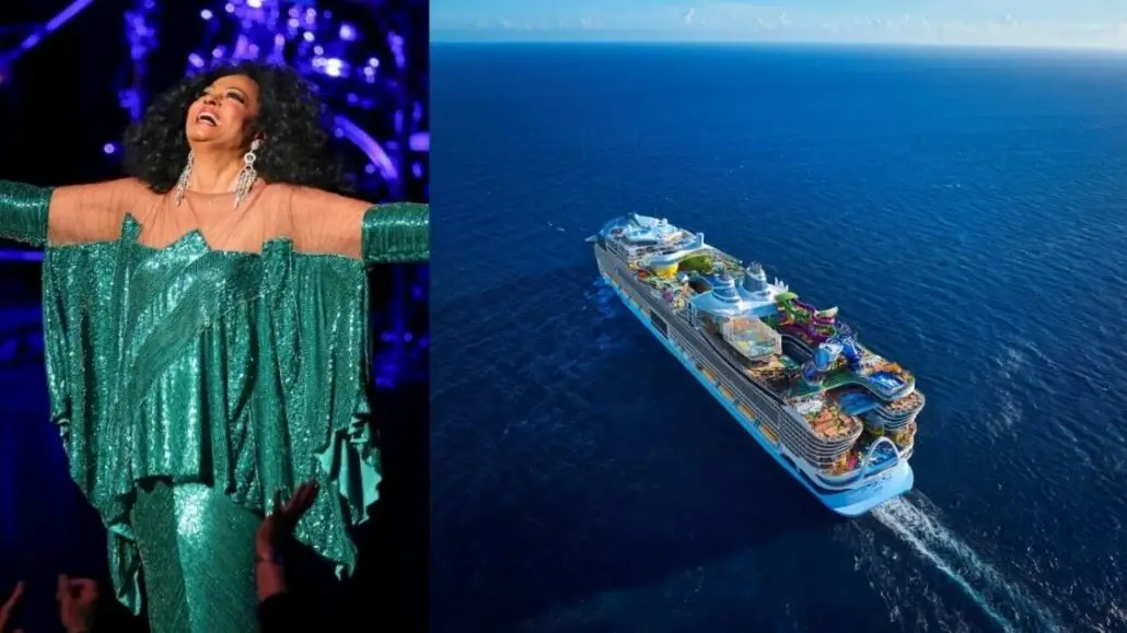 A woman in a sparkly green outfit stands with arms outstretched on stage, next to an aerial view of Royal Caribbean's new ship sailing across the ocean under a clear blue sky.