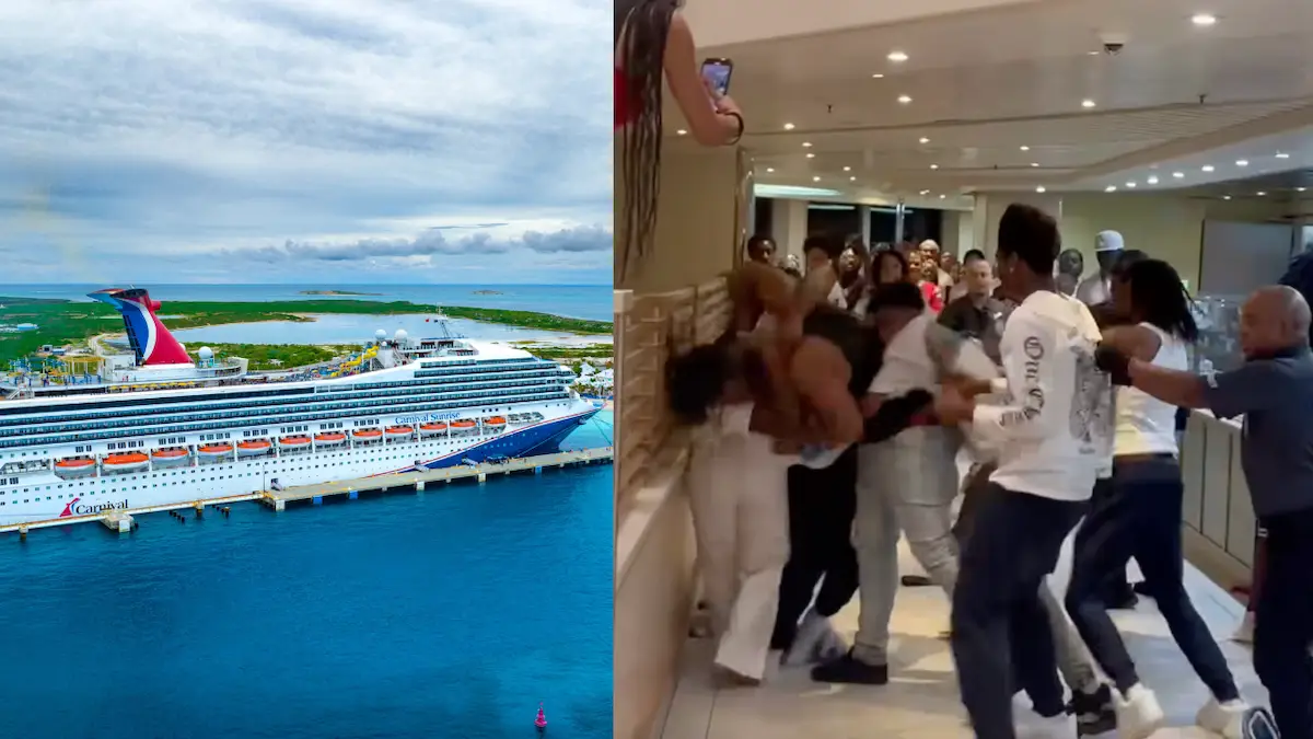 A split image shows a large Carnival Cruise ship docked at a port on the left, and a heated late-night brawl erupting among a group of people inside a hallway on the final night of the voyage on the right.
