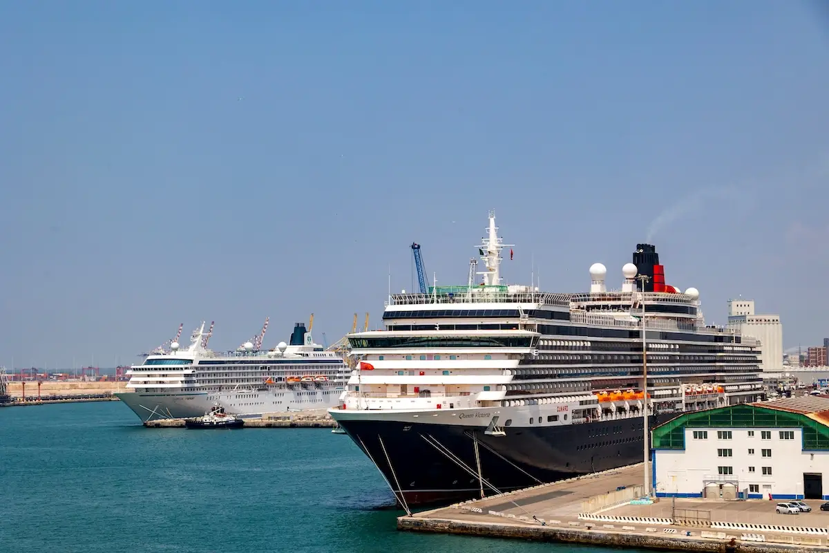 Two large cruise ships are docked at a port beside a terminal building under a clear sky. In the background, city structures rise behind the calm water. An American couple walks nearby, unaware of the recent port bus accident involving a cruise guest.