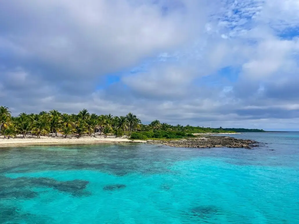 A tropical coastline with clear turquoise water, a rocky and sandy shore, and dense palm trees under a partly cloudy sky—discover the beauty of Perfect Day Mexico, inspired by Royal Caribbean’s stunning destinations.
