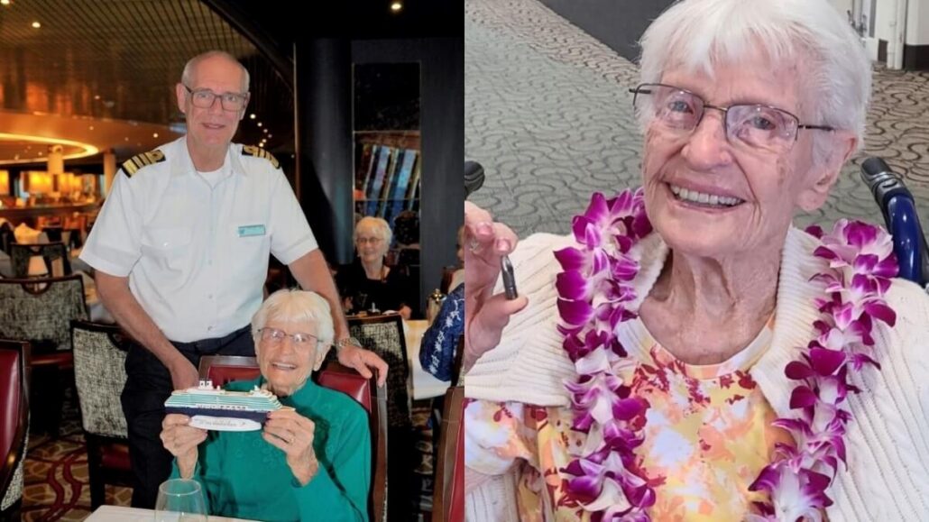 Two photos: Left, a 106-year-old cruise passenger in glasses holds a model cruise ship beside a man in a captain’s uniform in a dining area. Right, the same woman smiles wearing a purple flower lei, seated indoors.