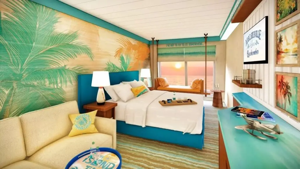 A tropical-themed hotel room with a teal bed, palm tree mural, and beach décor. Relax on the sofa, watch the flat-screen TV, or gaze out the window at a sunset ocean view—perfect for guests planning Miami cruises or Eastern Caribbean cruises.