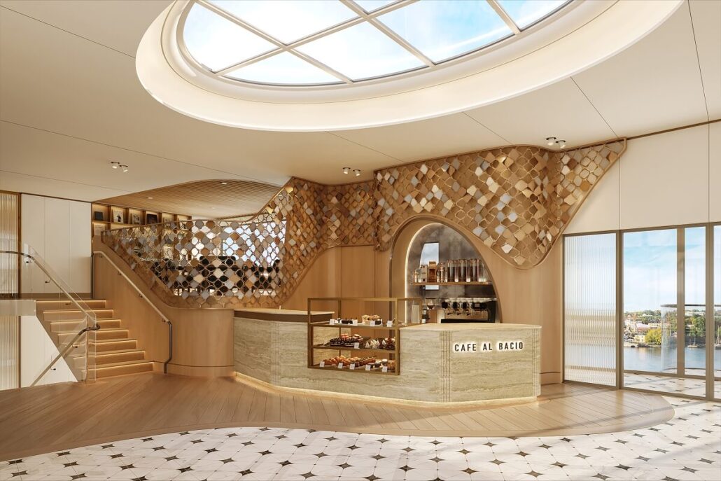 A modern café aboard a Celebrity river cruise features a curved "Café al Bacio" counter, light wood flooring, mosaic-tiled walls, a spiral staircase, and large windows. A circular skylight fills the space with natural light on your cruise expansion journey.
