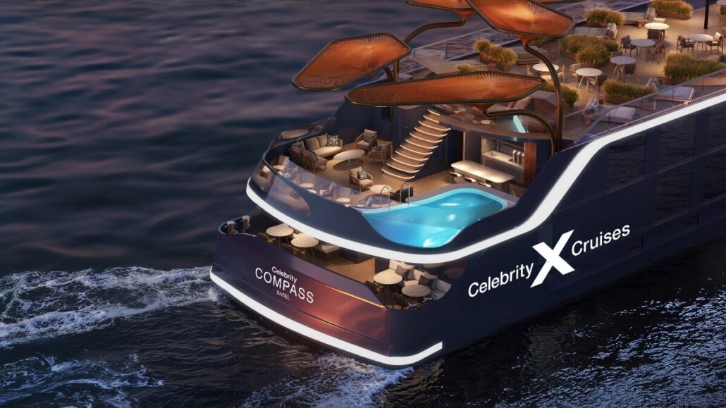 A modern cruise ship sails at dusk. The deck features a pool, curved stairs, tables with chairs, and landscaped seating areas. Celebrity Cruises’ new ships display "Celebrity X Cruises" and "Compass" on their exteriors.