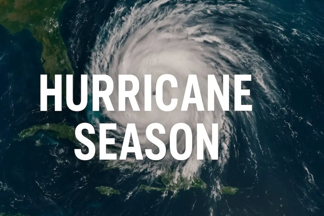 Satellite image of a large hurricane over the Atlantic Ocean near Florida and the Bahamas, with “HURRICANE SEASON” in bold white letters over the storm, highlighting potential Cruise Itinerary Changes during Tropical Storm events.