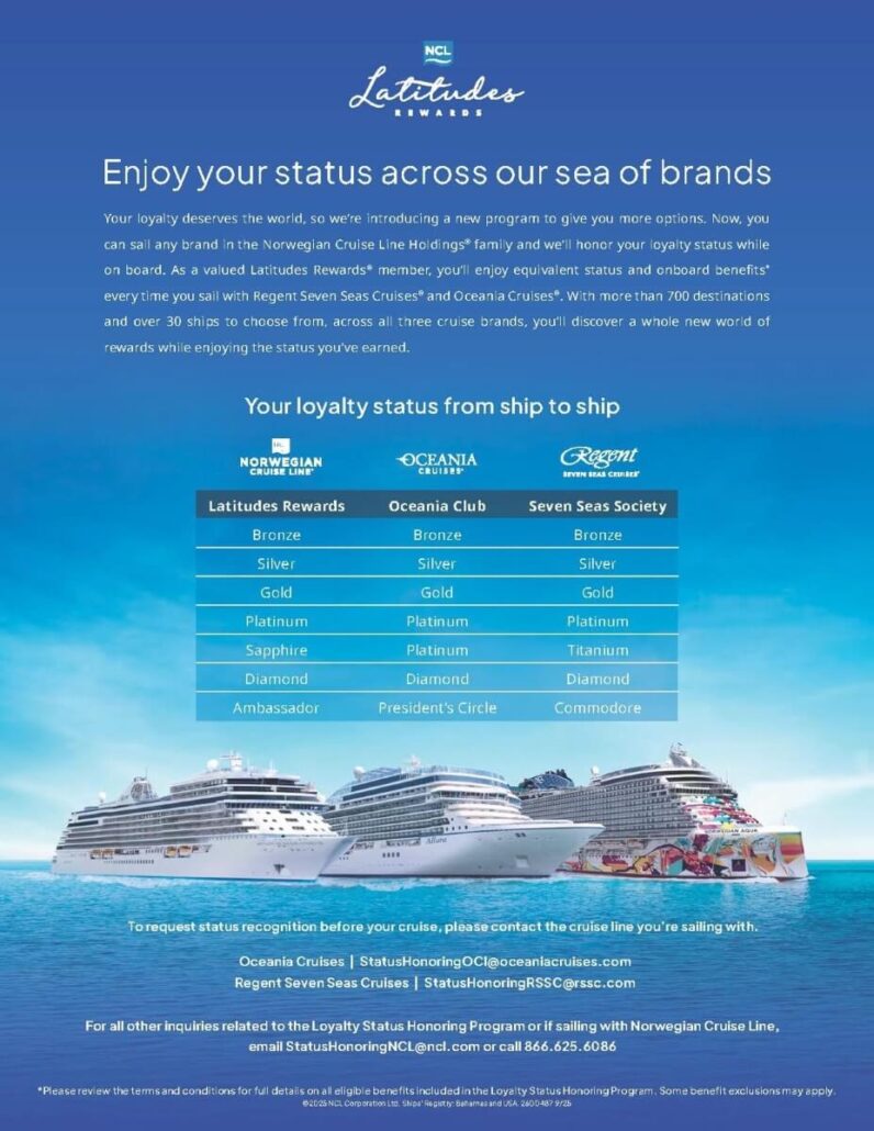 A promotional flyer for Latitudes Rewards, featuring loyalty status match benefits and levels across Norwegian Cruise Line Holdings’ cruise brands—Norwegian Cruise Line, Oceania Cruises, and Regent Seven Seas Cruises—with a chart on a blue background.