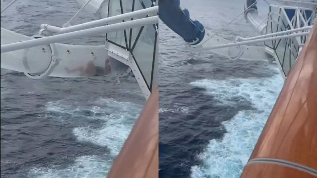 Two side-by-side images show a cruise passenger sliding through a transparent enclosed water slide that extends over the side of a ship above the ocean, with water and railings visible—perfect for your next viral TikTok moment.
