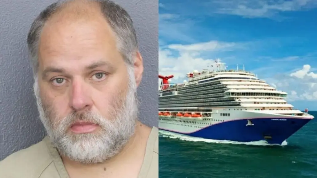 A man with a gray beard and short hair wearing a beige shirt is shown in a mugshot on the left; on the right, a cruise ship sails under a blue sky, highlighting his cruise arrest.