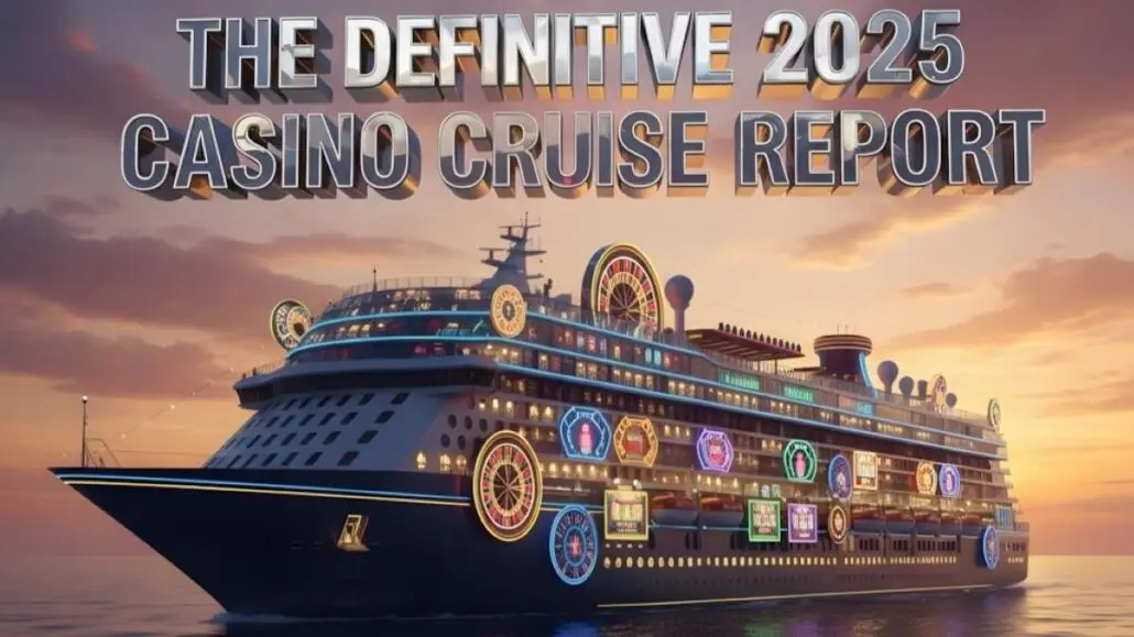 A large cruise ship decorated with casino-themed lights and signs sails at sunset. Text above reads, "The Definitive 2025 Casino Cruise Report: Discover the best casino cruises setting sail next year.