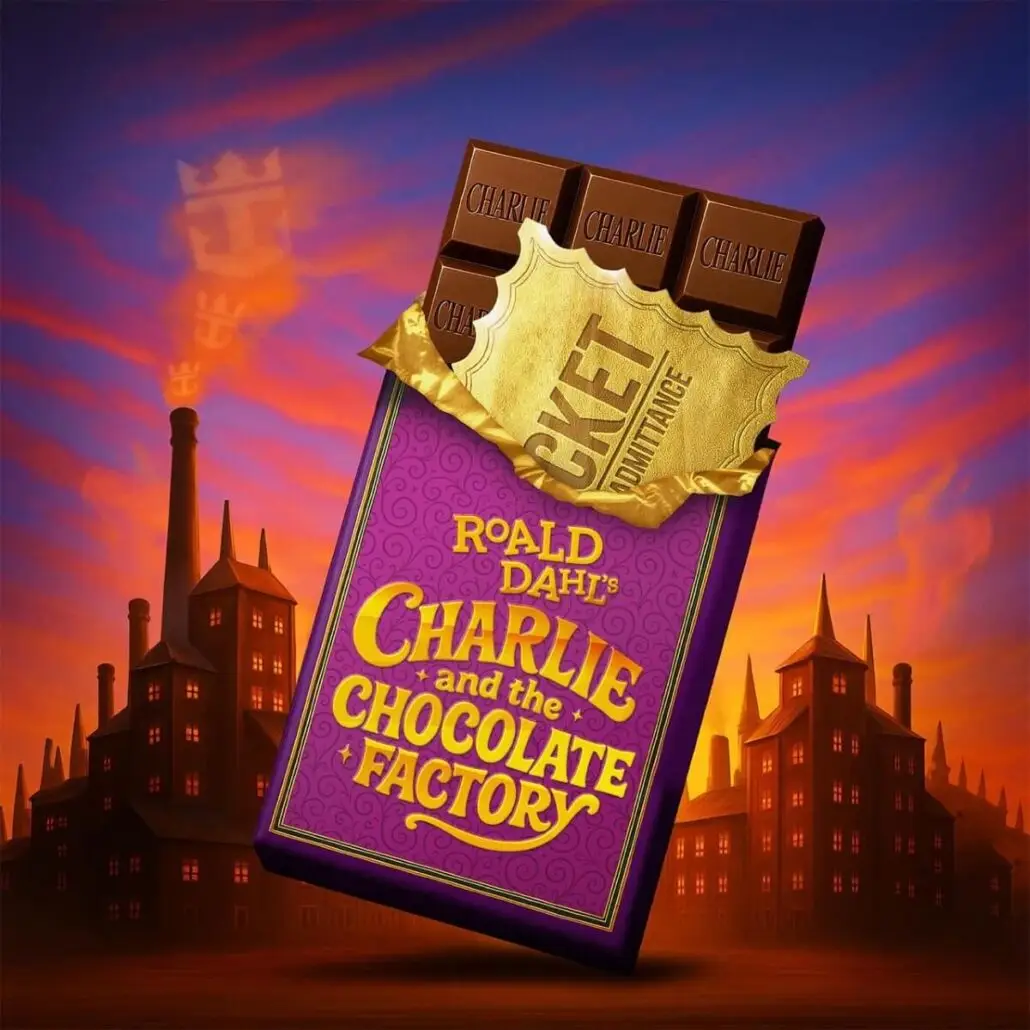 A purple chocolate bar wrapper labeled "Charlie and the Chocolate Factory" with a golden ticket sticking out, set against factory buildings and a sky of orange and purple hues—just like discovering Expanded Dining on Royal Caribbean’s Legend of the Seas.