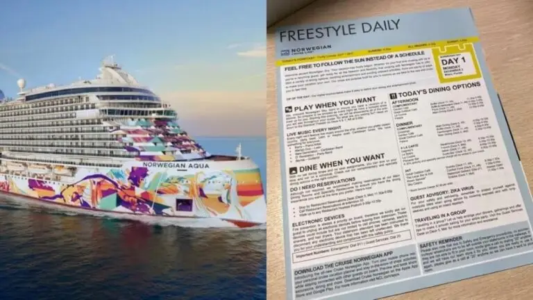 A cruise ship labeled "Norwegian Aqua" sails the ocean; next to it is a close-up of the Norwegian Cruise Line’s daily newsletter, "Freestyle Daily," detailing onboard activities, dining options, and staterooms’ safety information.