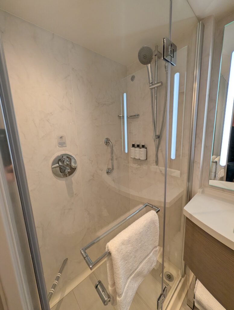 A modern glass shower stall aboard the Star Princess, with a wall-mounted showerhead, three bottles of toiletries on a built-in shelf, a towel rack holding a white towel, and elegant marble-patterned walls—perfect after a day on your inaugural cruise.