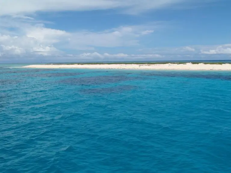 Clear turquoise ocean water in the foreground with a white sandy beach and low green vegetation on a narrow strip of land in the background under a partly cloudy blue sky, where a cruise guest was left behind on the island.