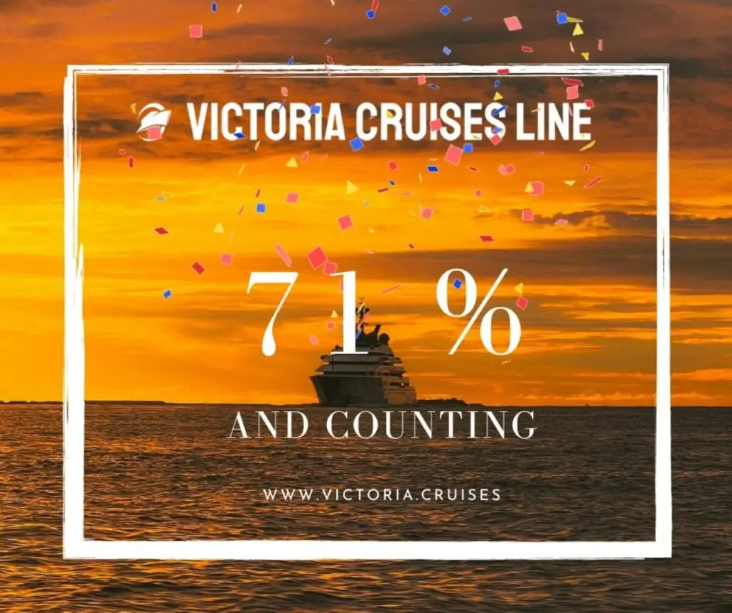 A cruise line sails on calm water at sunset with confetti falling. Text reads: "Victoria Cruises Line, 71% and counting, www.victoria.cruises." Discover the excitement of our three-year cruise adventure.