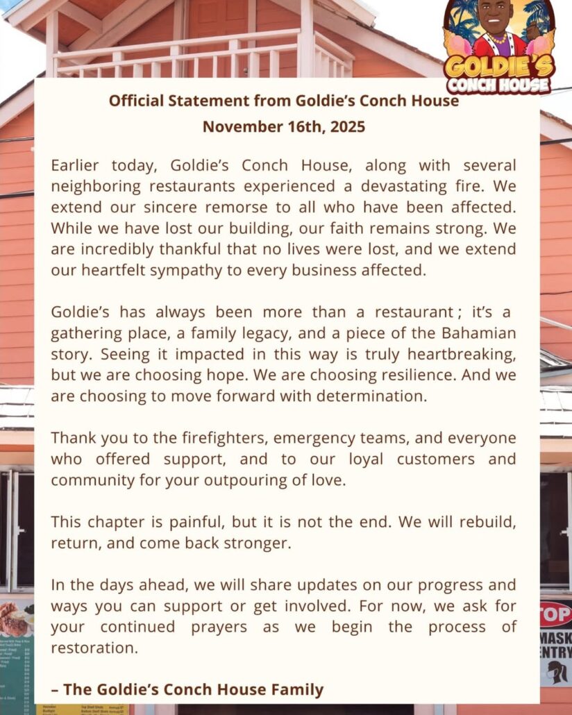 A statement from Goldie’s Conch House is overlaid on a photo of a building with a Goldie’s Conch House logo. The statement addresses a recent fire, expresses gratitude, and promises to rebuild.