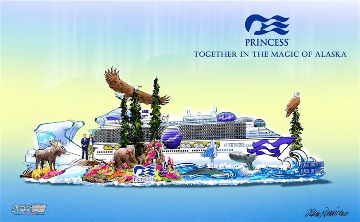 Illustration of a Rose Parade float featuring a Princess Cruises ship with "Star Princess" branding, surrounded by Alaskan wildlife—moose, bears, and eagles—with "Together in the Magic of Alaska" in the background.