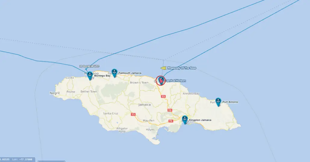 A digital map of Jamaica displays five marked locations—Montego Bay, Falmouth, Ocho Rios, Kingston, and Port Antonio—along with the labeled sea routes often traveled by Carnival Cruise Ship, as well as surrounding waters.