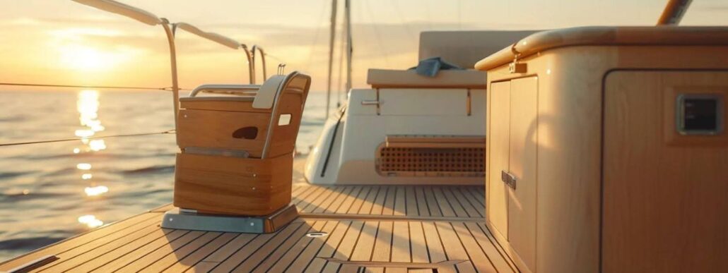 The image shows the deck of a sailboat at sunset, featuring wooden seating and cabinetry reminiscent of universal fitting leaning posts often found on center console boats, with calm water and sunlight reflecting off the surface in the background.