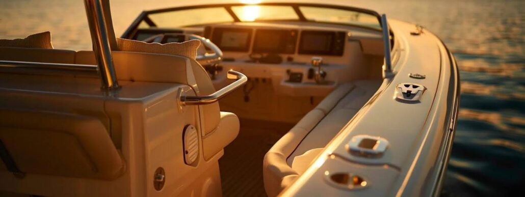 Close-up view of the cockpit and seating area of a center console boat, featuring universal fitting leaning posts, with sunlight reflecting off the controls and dashboard and calm water in the background at sunset.