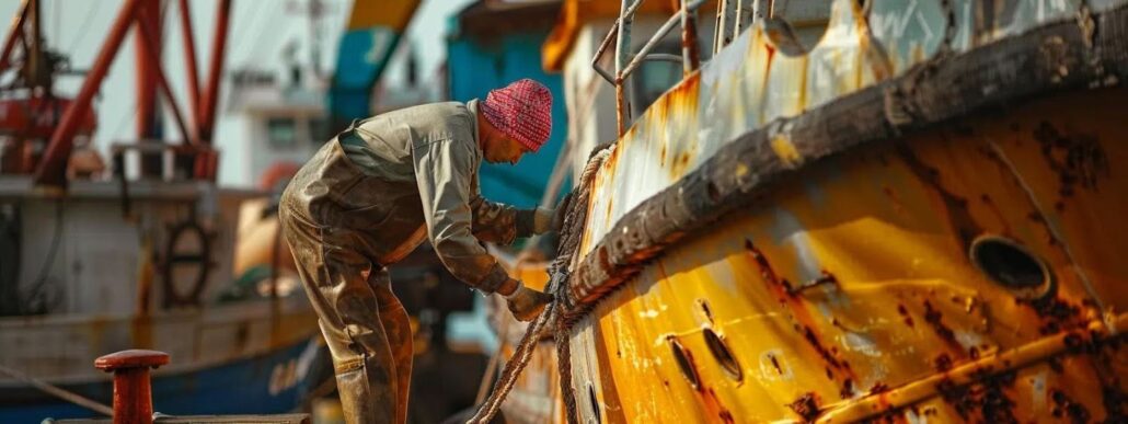 A person wearing a pink hat and work clothes is cleaning or repairing the side of a rusted yellow boat in a harbor, with center console boats and other vessels visible in the background.