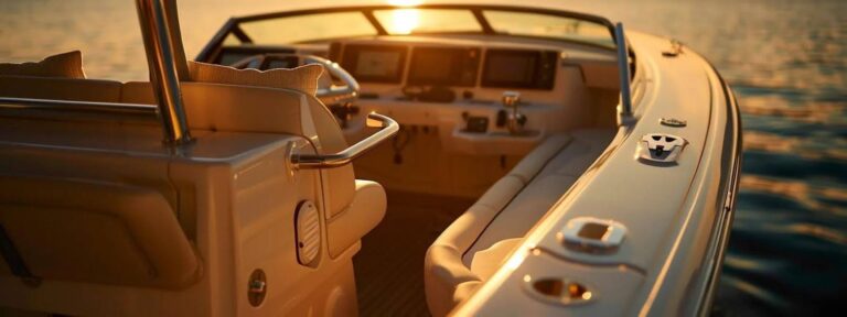 Close-up view of the cockpit and seating area of a center console boat, featuring universal fitting leaning posts, with sunlight reflecting off the controls and dashboard and calm water in the background at sunset.
