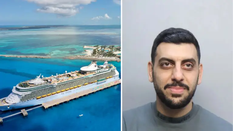A split image showing an aerial view of a large cruise ship docked at PortMiami on the left, and a man with short dark hair and beard facing forward in a gray top on the right, possibly linked to a Cruise Passenger Arrested for Illegal Material.