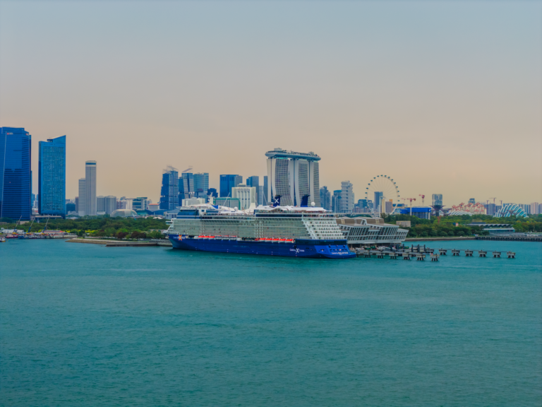 A large cruise ship is docked at a port with a city skyline in the background, including skyscrapers, the Marina Bay Sands hotel, and a Ferris wheel. The water in the foreground is calm under a cloudy sky.