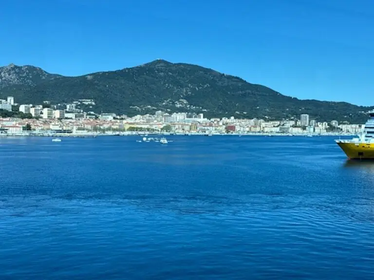 A coastal city with buildings along the shoreline, hills in the background, a blue sky, and a yellow ship turned away docked on the right side of the water. Small boats are scattered across the bay, highlighting port access.