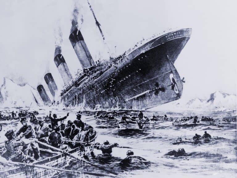 A black and white illustration shows the Titanic sinking bow-first into the ocean, with people—some wearing life jackets—struggling in lifeboats and in the water, surrounded by icebergs and rough seas.